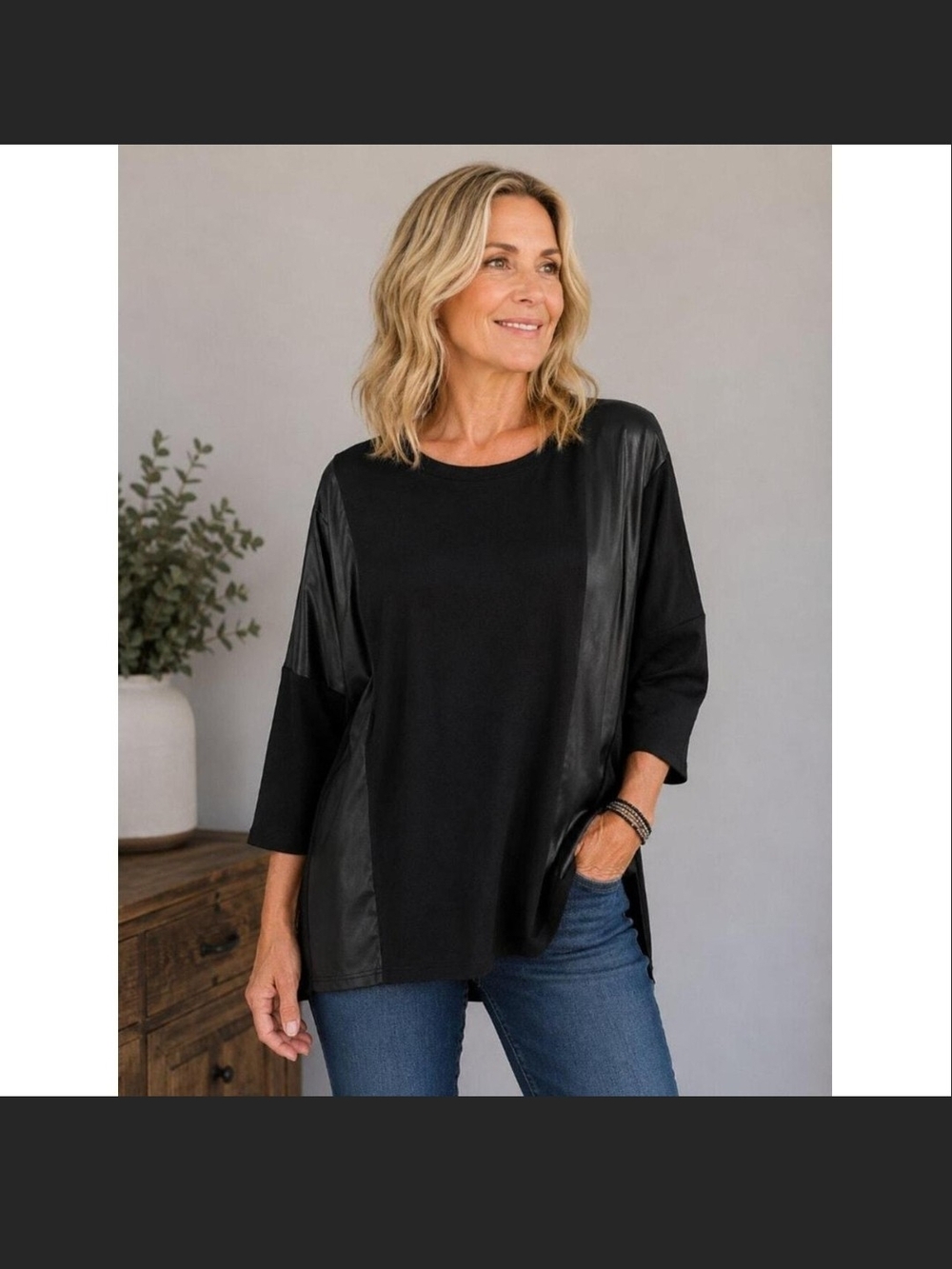 Jones New York Black Top with Faux-Leather Panels
